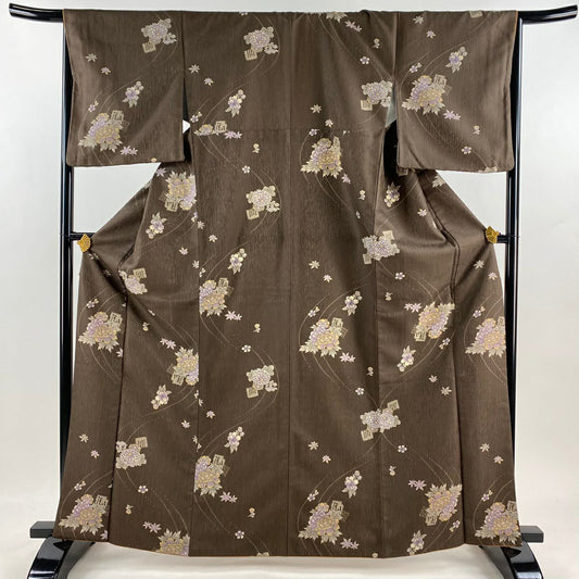 【美品】 小紋 身長165cm 袖長65.5cm M 雙層 牡丹 源氏香 茶 化纖 優品級