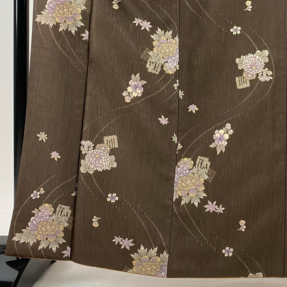 【美品】 小紋 身長165cm 袖長65.5cm M 雙層 牡丹 源氏香 茶 化纖 優品級