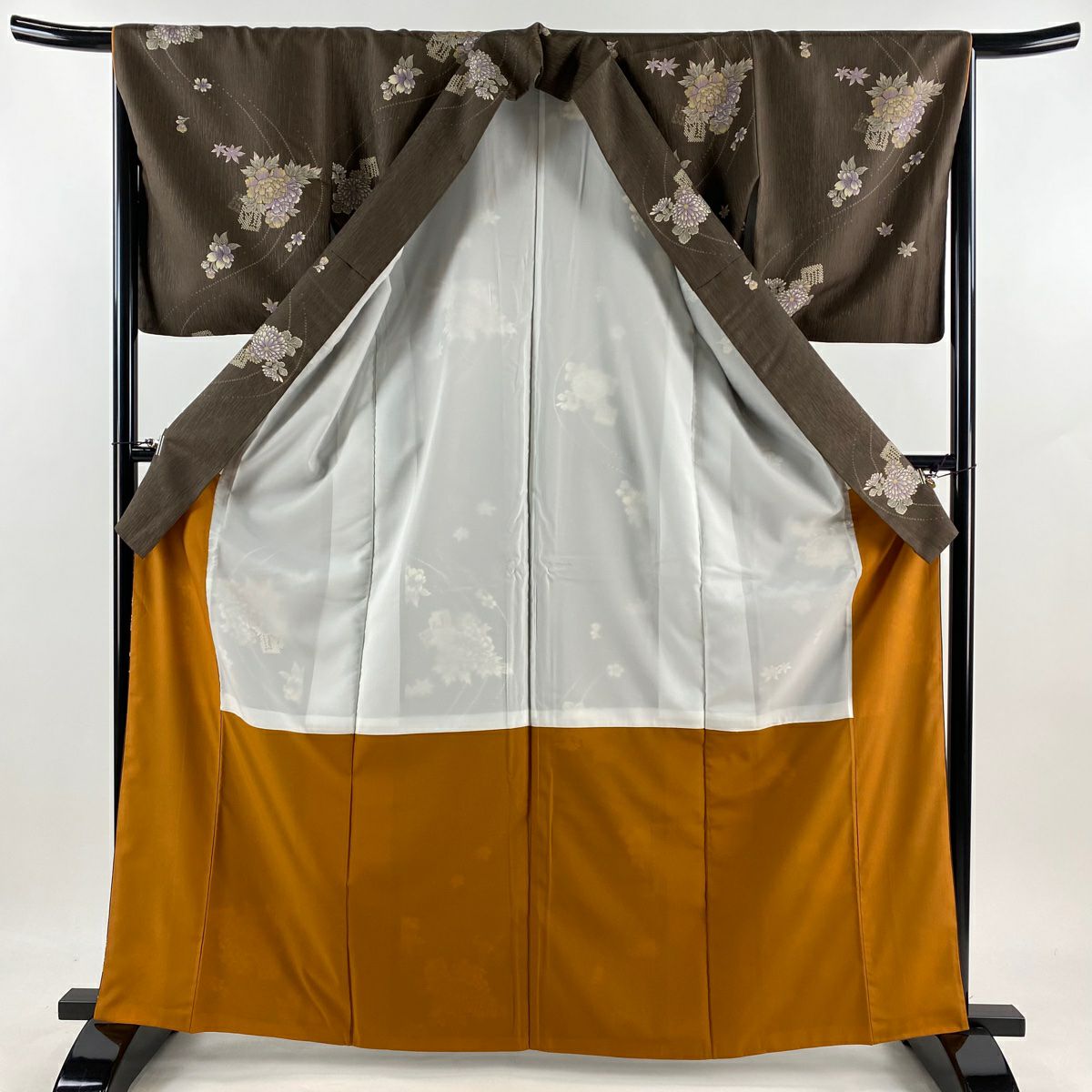 【美品】 小紋 身長165cm 袖長65.5cm M 雙層 牡丹 源氏香 茶 化纖 優品級