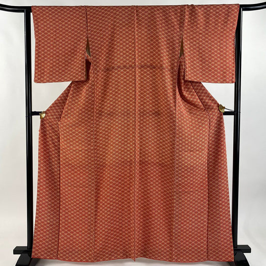 【美品】 小紋 身長164cm 袖長64cm M 雙層 麻葉 茜 純蠶絲 優品級