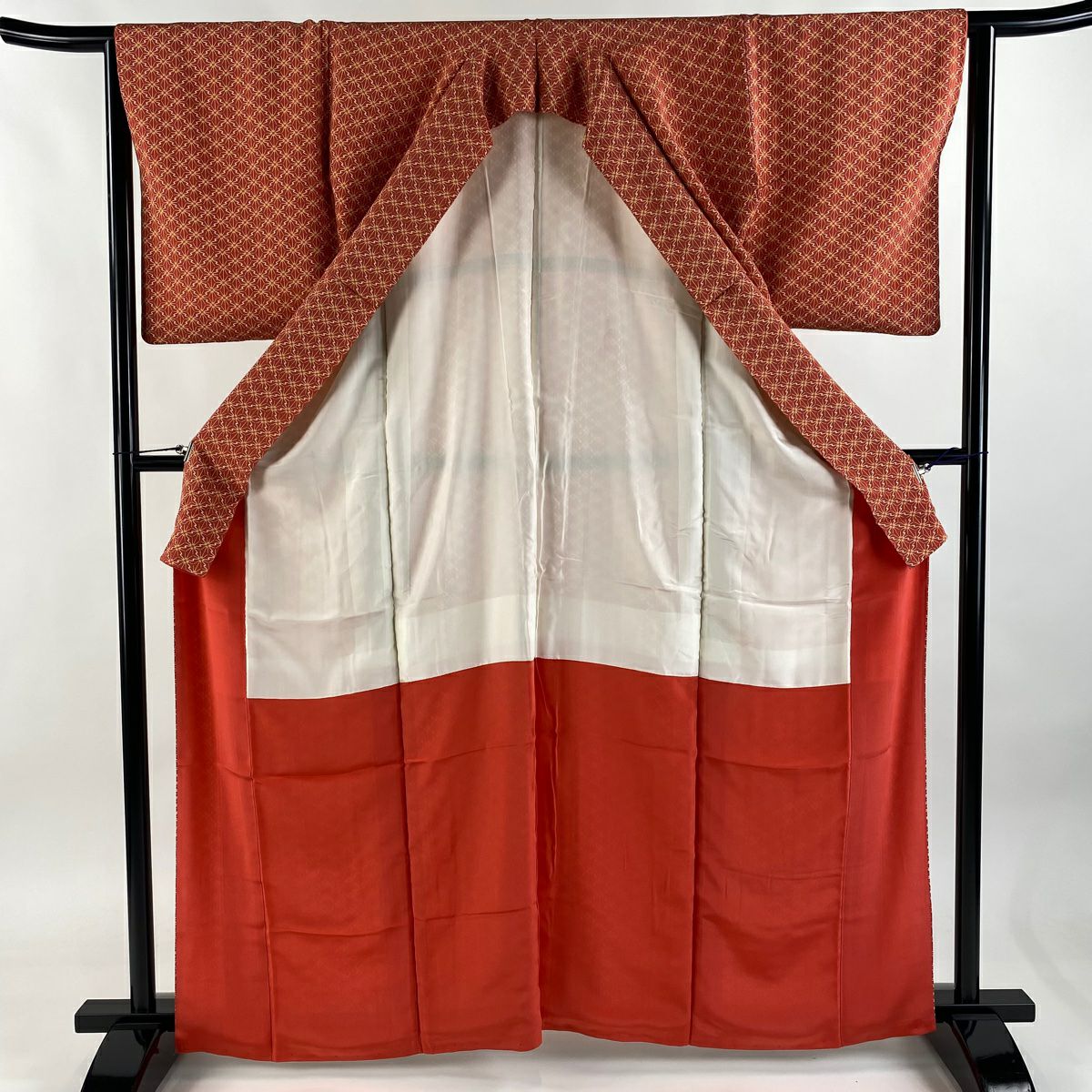 【美品】 小紋 身長164cm 袖長64cm M 雙層 麻葉 茜 純蠶絲 優品級
