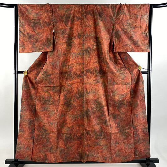 【美品】 小紋 身長159.5cm 袖長65cm M 雙層 紬織織 葉柄 鮫 紅茶 純蠶絲 優品級