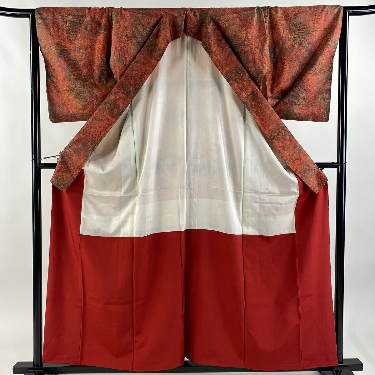 【美品】 小紋 身長159.5cm 袖長65cm M 雙層 紬織織 葉柄 鮫 紅茶 純蠶絲 優品級