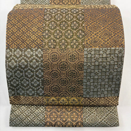 【庫存清倉】 袋帶 名品級 じゅらく 落款 伯仙錦 龜甲花菱 入子菱 金通 金茶 六通 純蠶絲