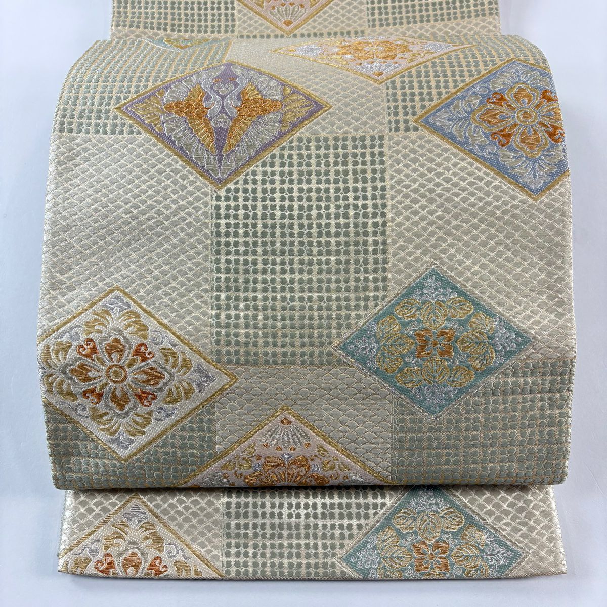 【庫存清倉】 【美品】 袋帶 名品級 花菱 向鳥 金金箔 金銀絲 米色 六通 純蠶絲