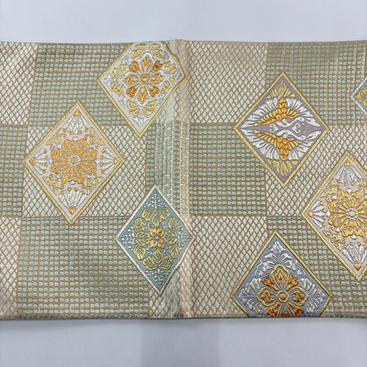 【庫存清倉】 【美品】 袋帶 名品級 花菱 向鳥 金金箔 金銀絲 米色 六通 純蠶絲