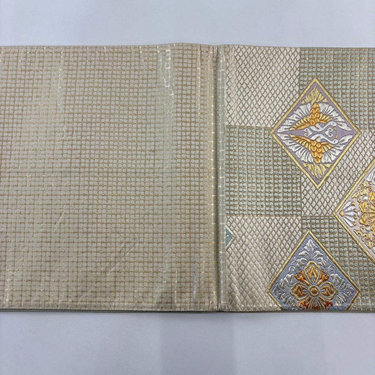 【庫存清倉】 【美品】 袋帶 名品級 花菱 向鳥 金金箔 金銀絲 米色 六通 純蠶絲