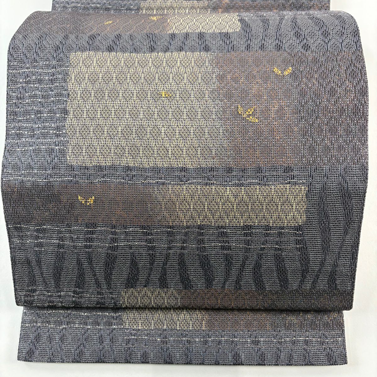 【庫存清倉】 【美品】 袋帶 名品級 葉紋 幾何圖案 金金箔 灰紫 六通 純蠶絲
