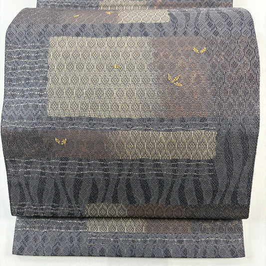 【庫存清倉】 【美品】 袋帶 名品級 葉紋 幾何圖案 金金箔 灰紫 六通 純蠶絲