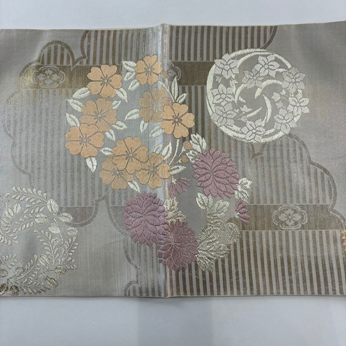 【庫存清倉】 袋帶 名品級 川島織物 附落款 花丸紋 雲紋 金絲 金金箔 米色 六通 純蠶絲
