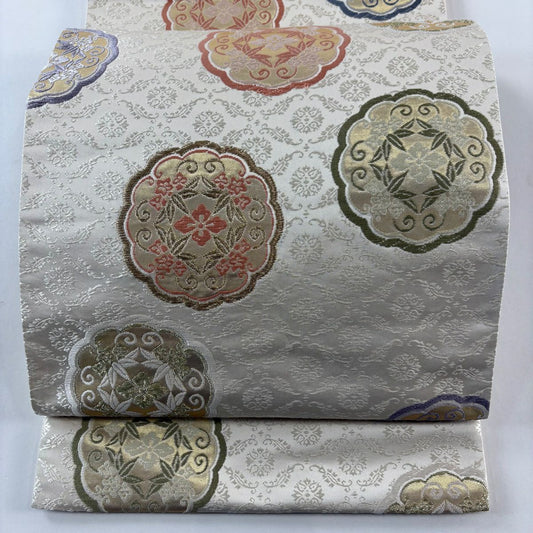 【庫存清倉】 【美品】 袋帶 名品級 小葵笹花菱紋 金絲 金金箔 奶油色 六通 純蠶絲