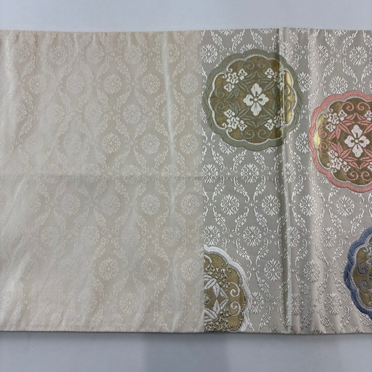 【庫存清倉】 【美品】 袋帶 名品級 小葵笹花菱紋 金絲 金金箔 奶油色 六通 純蠶絲