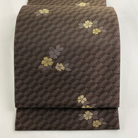 【庫存清倉】 【美品】 袋帶 名品級 櫻花 變化市松樹 金銀線 茶 六通 純蠶絲