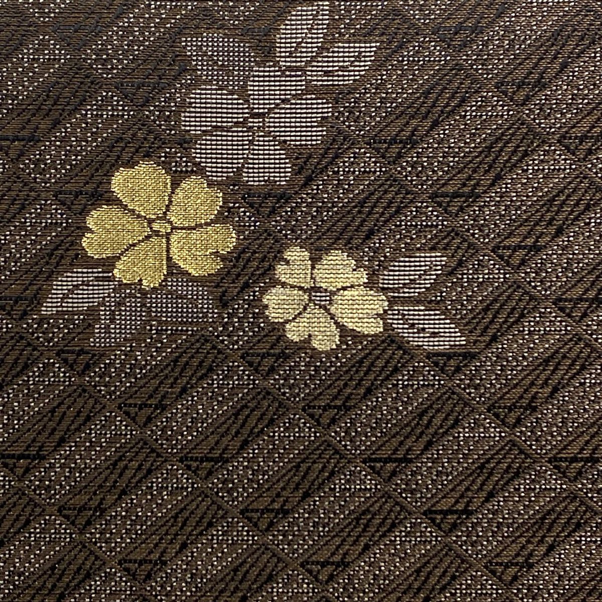 【庫存清倉】 【美品】 袋帶 名品級 櫻花 變化市松樹 金銀線 茶 六通 純蠶絲