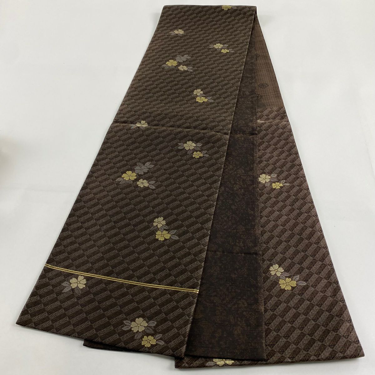 【庫存清倉】 【美品】 袋帶 名品級 櫻花 變化市松樹 金銀線 茶 六通 純蠶絲