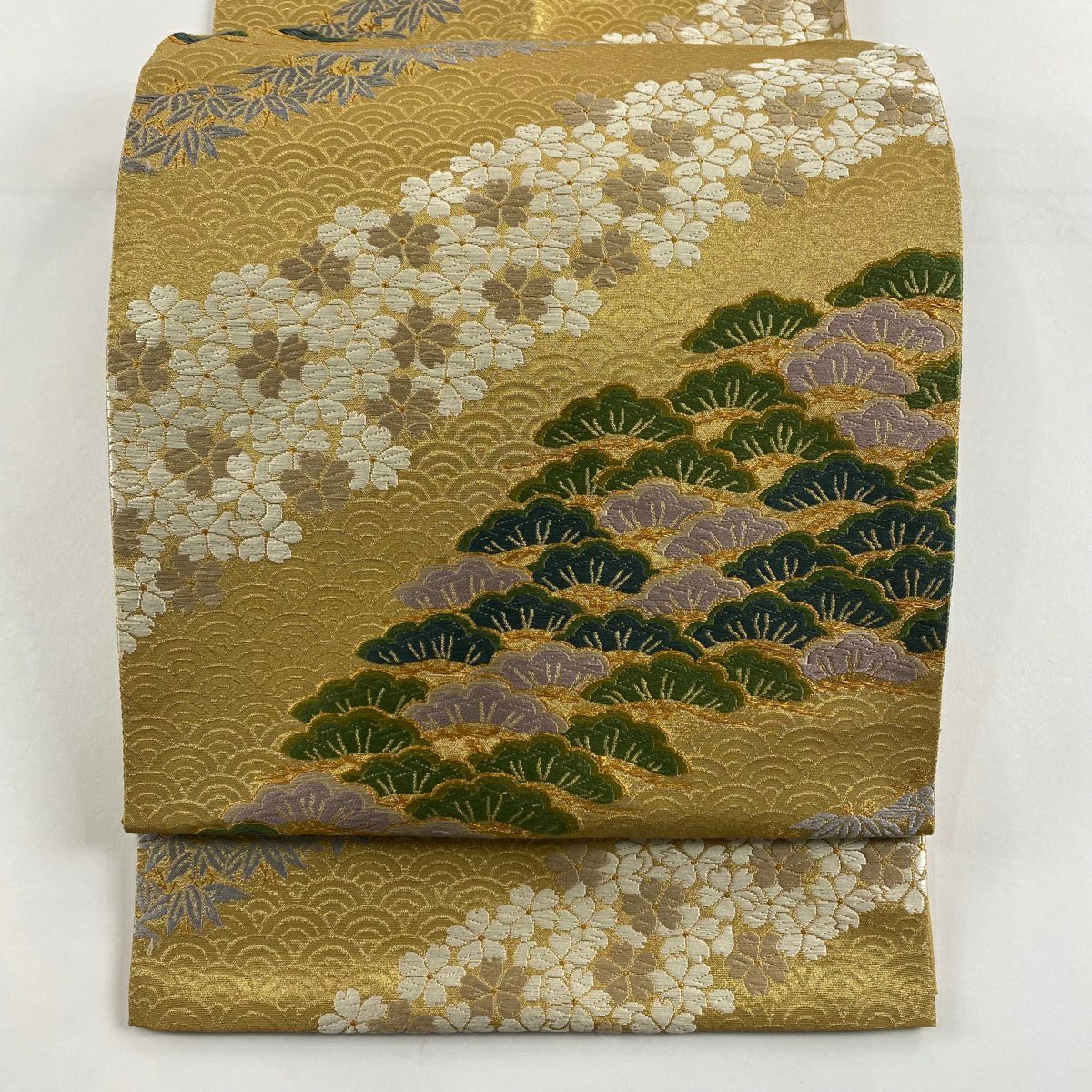 【庫存清倉】 袋帶 名品級 花井幸子 附落款 松樹 樱 花 金金箔 金色 六通 純蠶絲