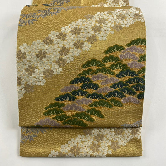 【庫存清倉】 袋帶 名品級 花井幸子 附落款 松樹 樱 花 金金箔 金色 六通 純蠶絲