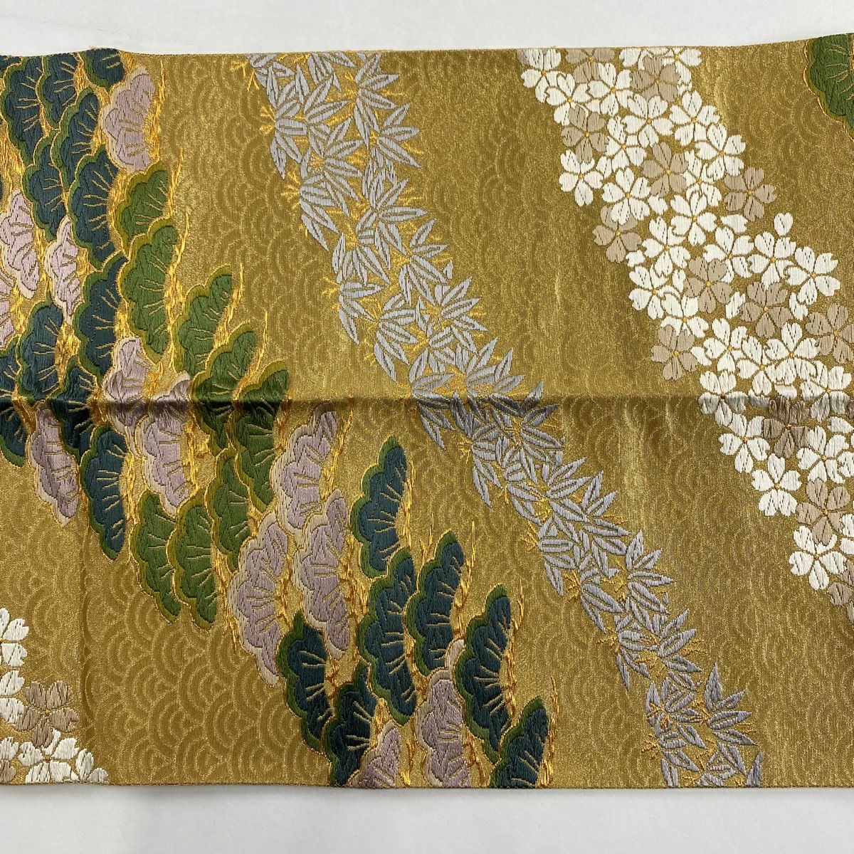 【庫存清倉】 袋帶 名品級 花井幸子 附落款 松樹 樱 花 金金箔 金色 六通 純蠶絲