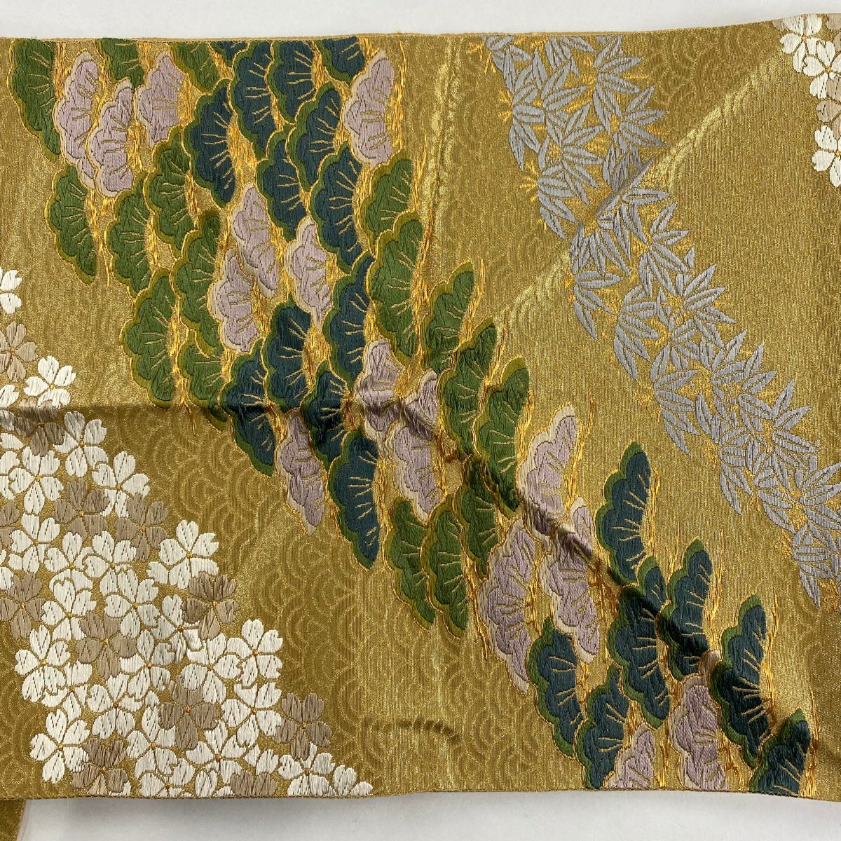 【庫存清倉】 袋帶 名品級 花井幸子 附落款 松樹 樱 花 金金箔 金色 六通 純蠶絲