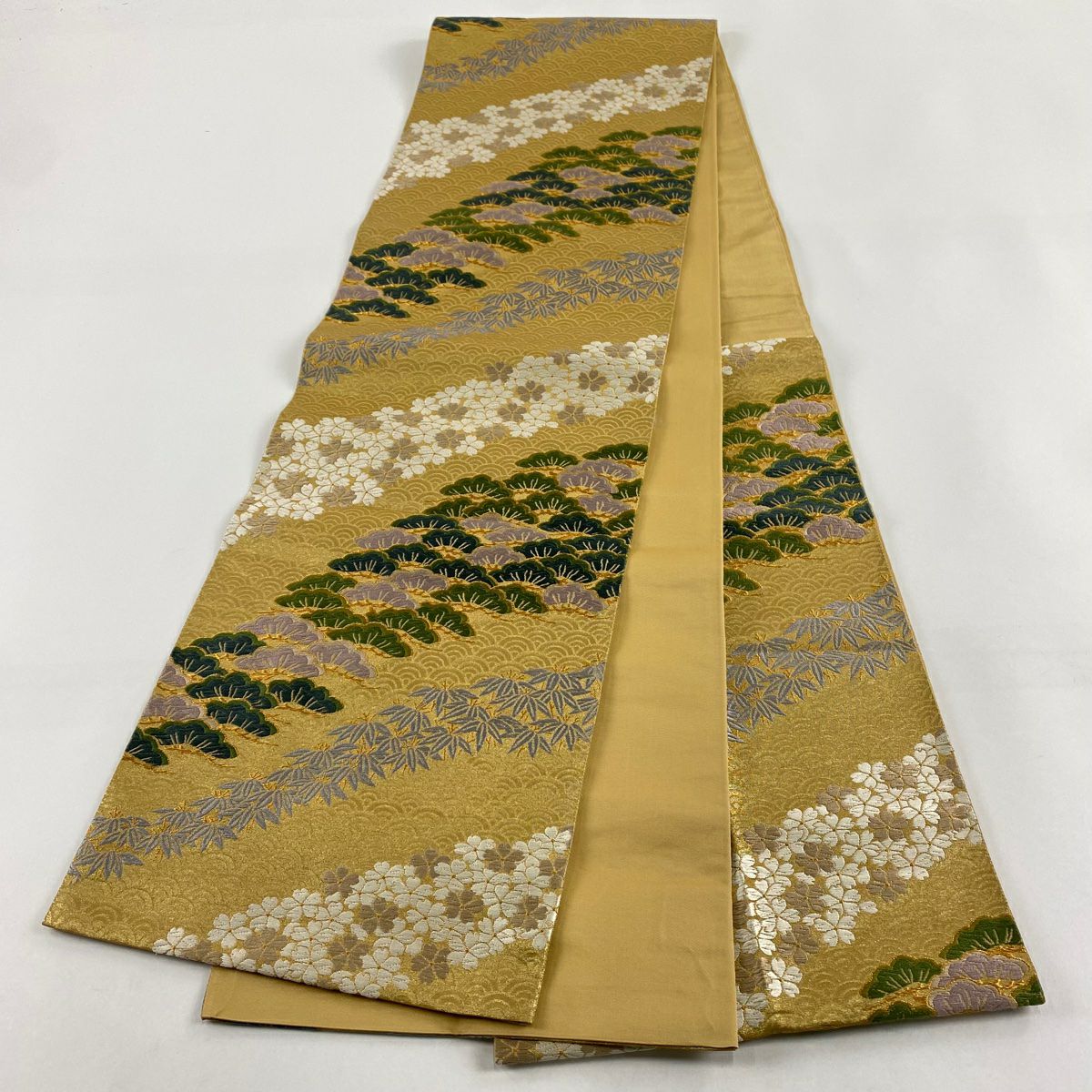 【庫存清倉】 袋帶 名品級 花井幸子 附落款 松樹 樱 花 金金箔 金色 六通 純蠶絲