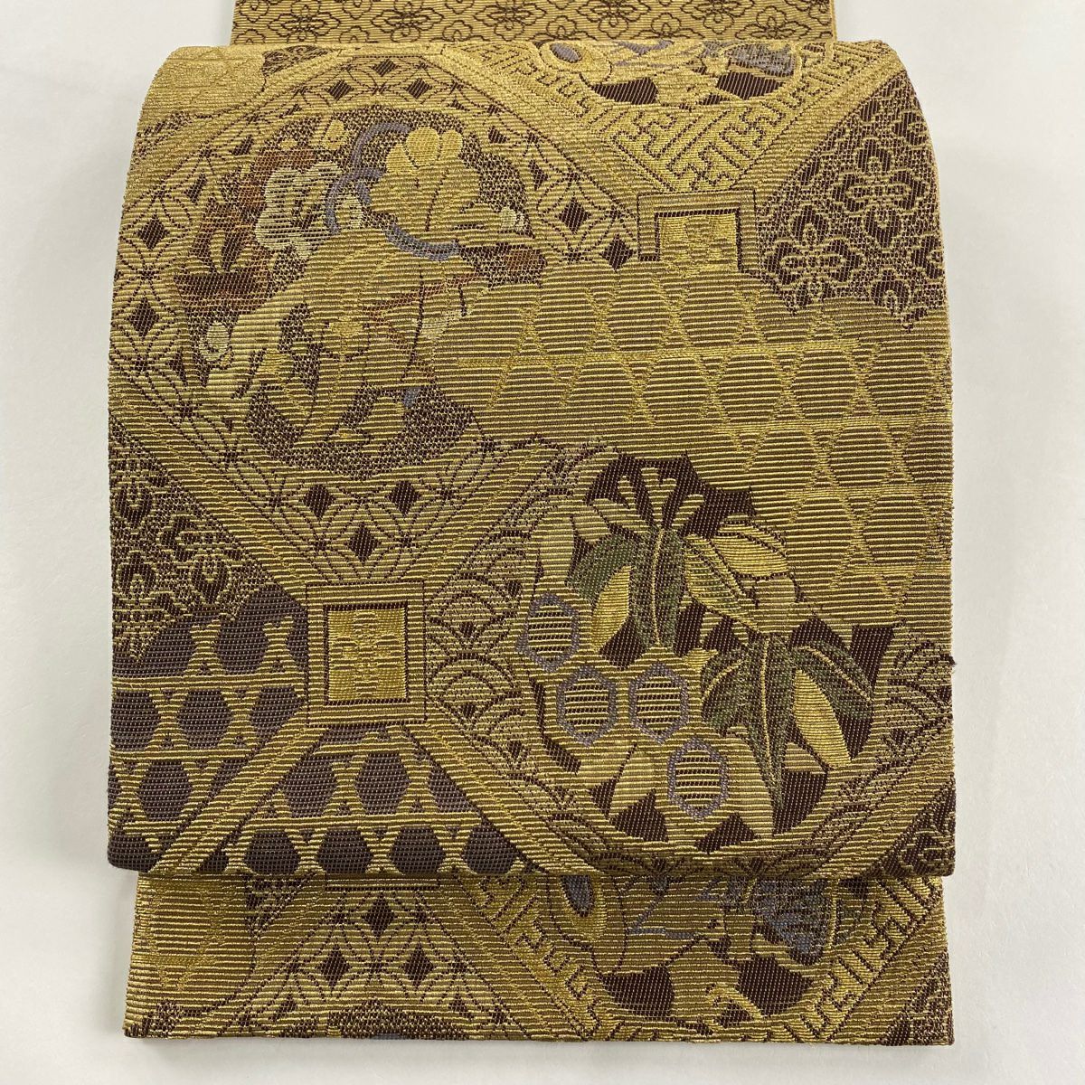 【庫存清倉】 【美品】 袋帶 名品級 寶盡くし 雲紋 金絲 金色 大鼓圖案 純蠶絲