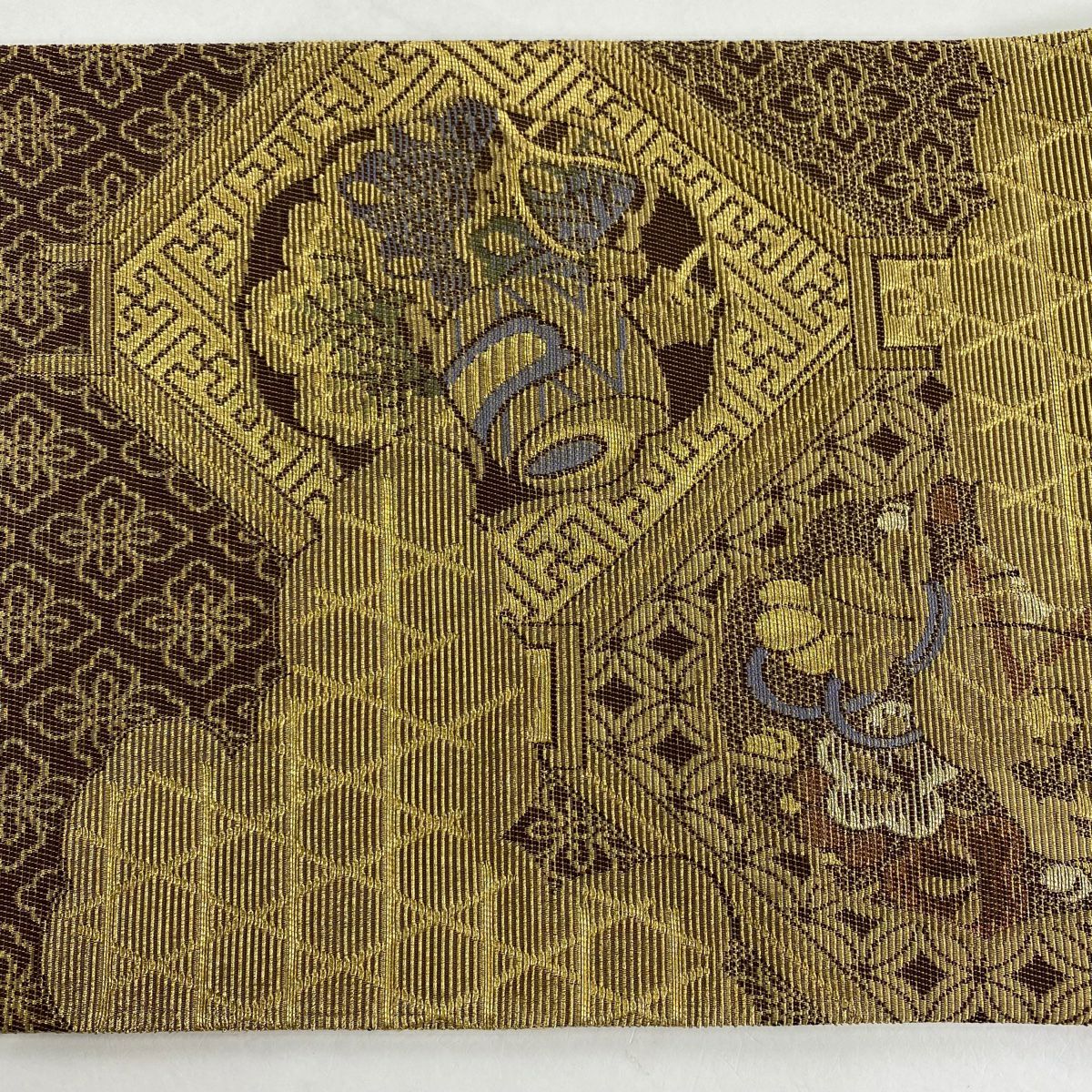 【庫存清倉】 【美品】 袋帶 名品級 寶盡くし 雲紋 金絲 金色 大鼓圖案 純蠶絲