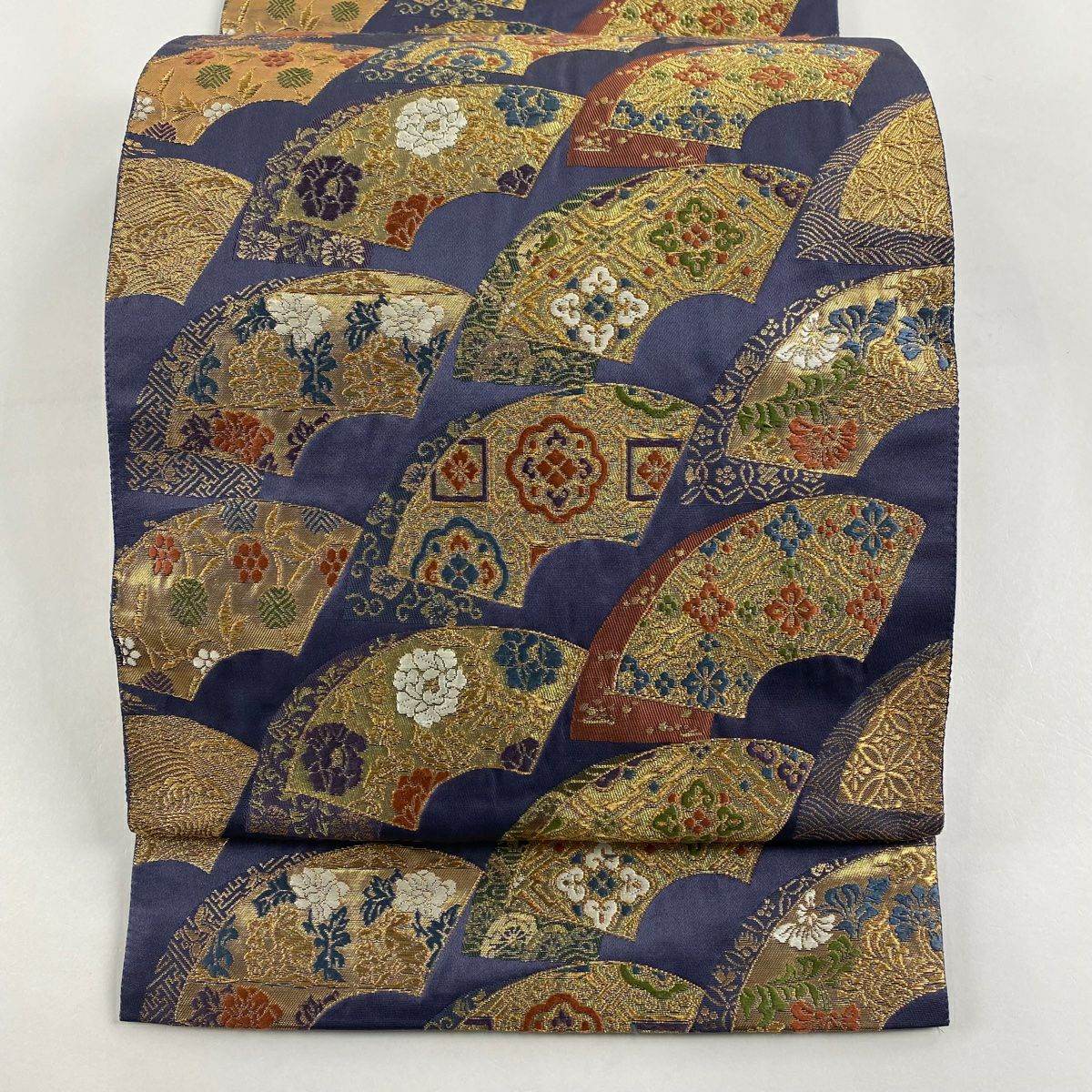 【庫存清倉】 【美品】 袋帶 名品級 じゅらく 有落款 扇子面 草花紋 金絲 金金箔 青紫 六通 純蠶絲
