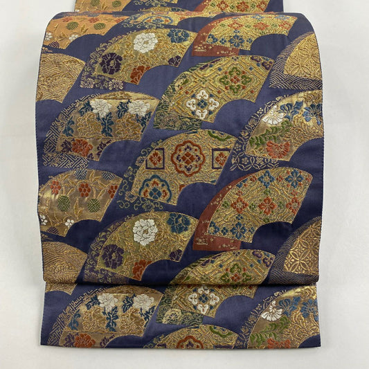 【庫存清倉】 【美品】 袋帶 名品級 じゅらく 有落款 扇子面 草花紋 金絲 金金箔 青紫 六通 純蠶絲