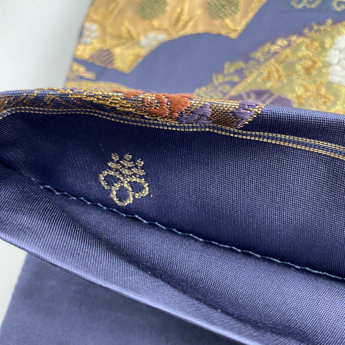 【庫存清倉】 【美品】 袋帶 名品級 じゅらく 有落款 扇子面 草花紋 金絲 金金箔 青紫 六通 純蠶絲