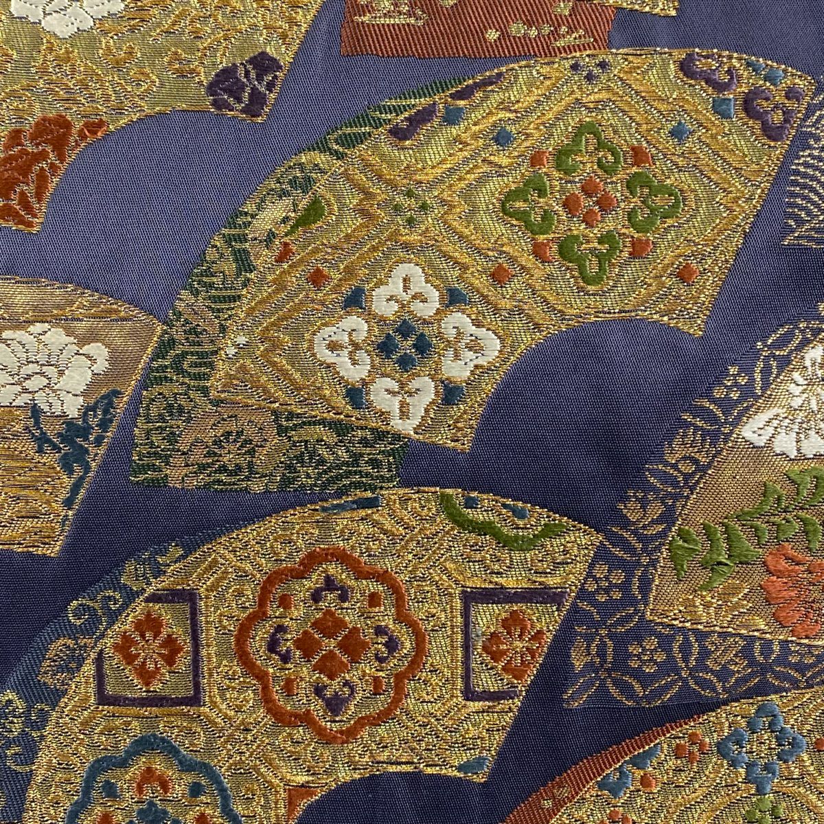 【庫存清倉】 【美品】 袋帶 名品級 じゅらく 有落款 扇子面 草花紋 金絲 金金箔 青紫 六通 純蠶絲