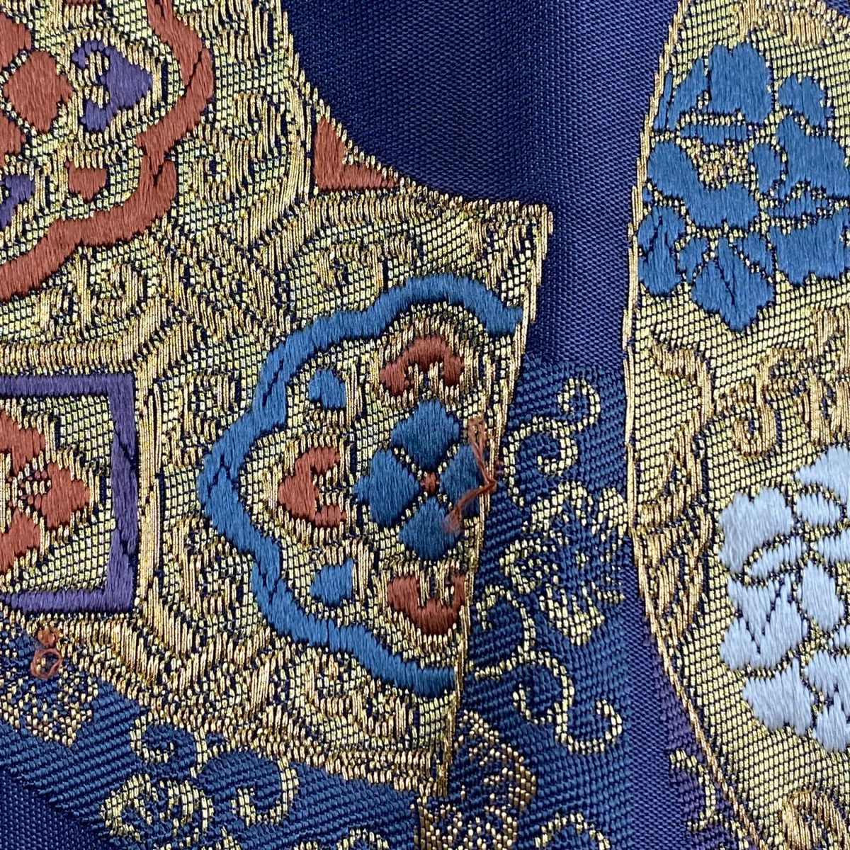 【庫存清倉】 【美品】 袋帶 名品級 じゅらく 有落款 扇子面 草花紋 金絲 金金箔 青紫 六通 純蠶絲
