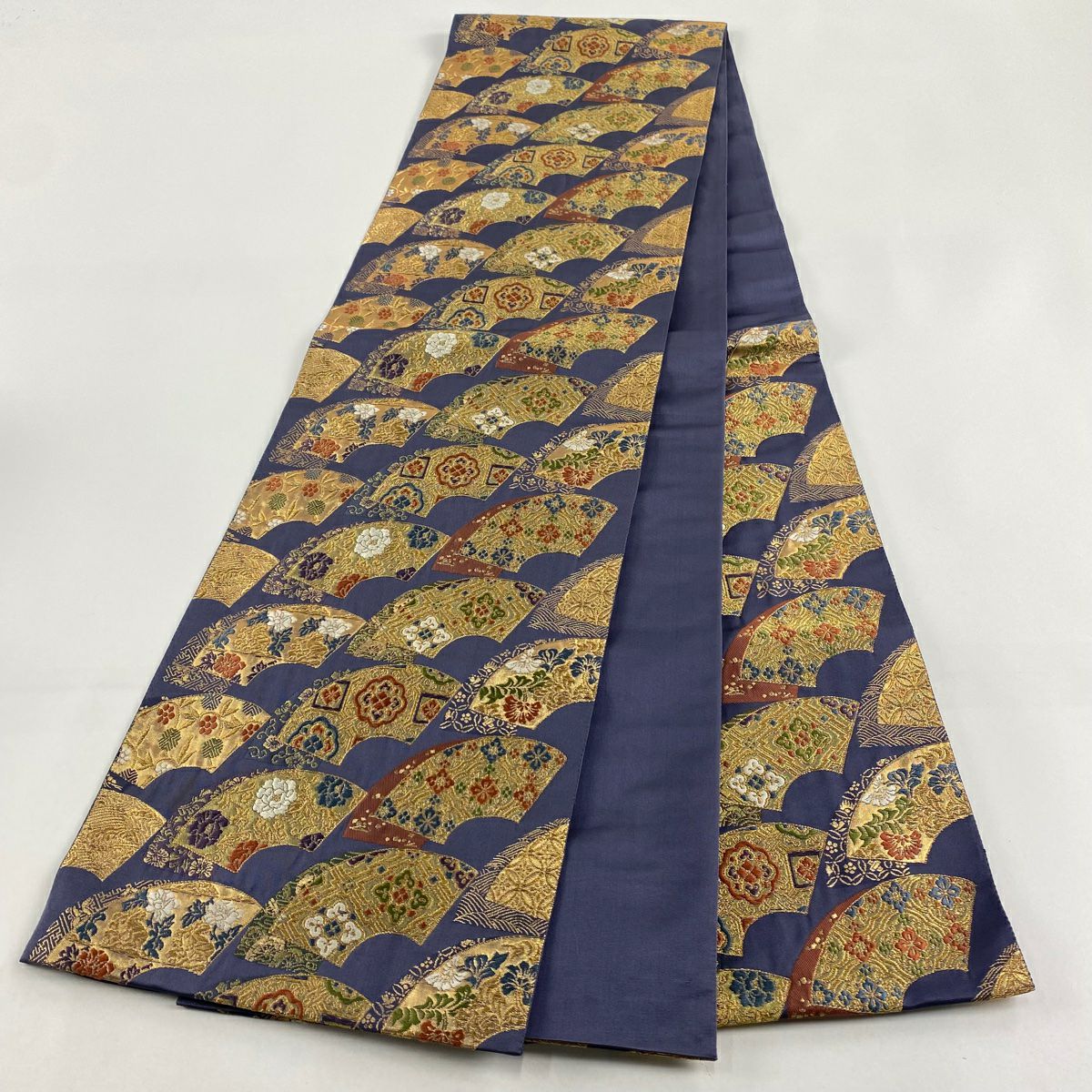【庫存清倉】 【美品】 袋帶 名品級 じゅらく 有落款 扇子面 草花紋 金絲 金金箔 青紫 六通 純蠶絲