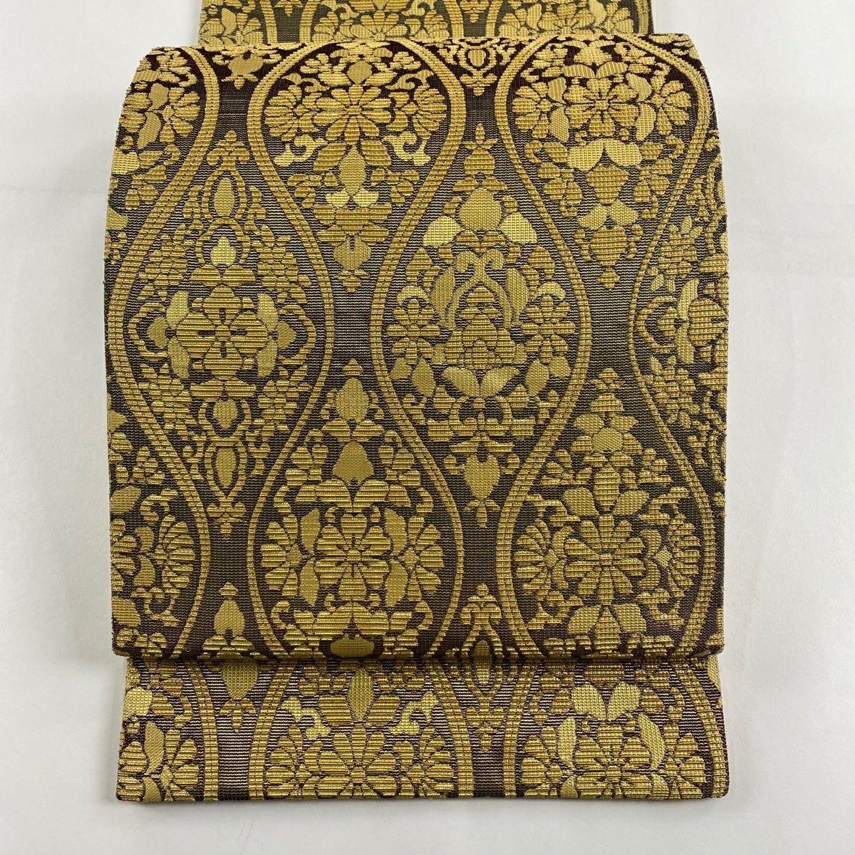 【庫存清倉】 【美品】 袋帶 名品級 立涌 草花紋 金絲 金色 六通 純蠶絲