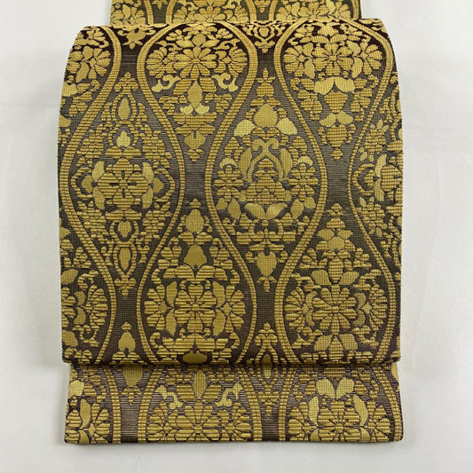 【庫存清倉】 【美品】 袋帶 名品級 立涌 草花紋 金絲 金色 六通 純蠶絲