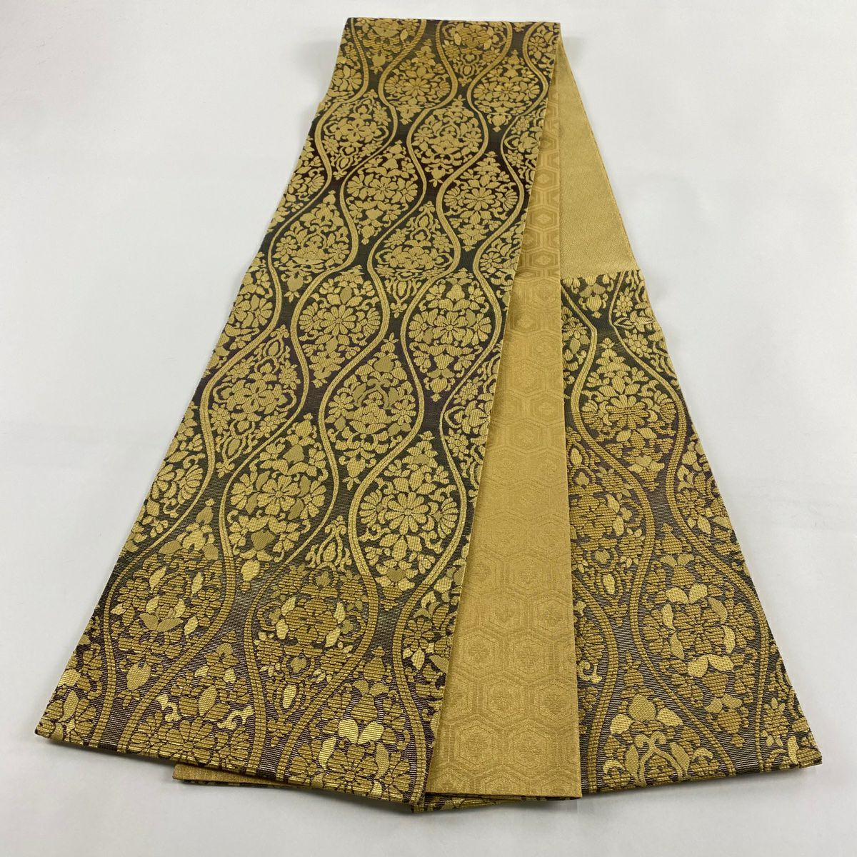【庫存清倉】 【美品】 袋帶 名品級 立涌 草花紋 金絲 金色 六通 純蠶絲