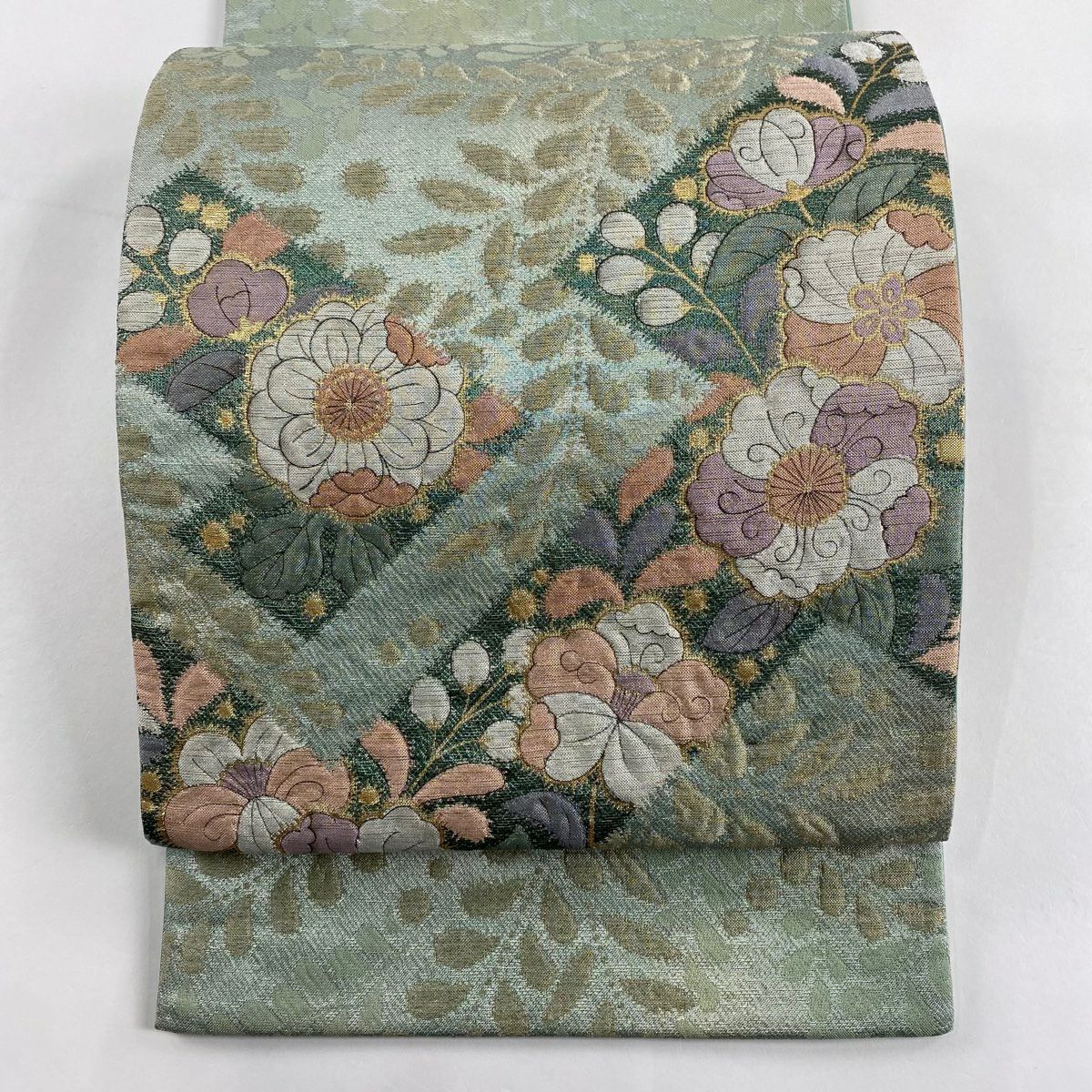 【庫存清倉】 【美品】 袋帶 名品級 辻花染圖案 金金箔 淺綠色 大鼓圖案 純蠶絲
