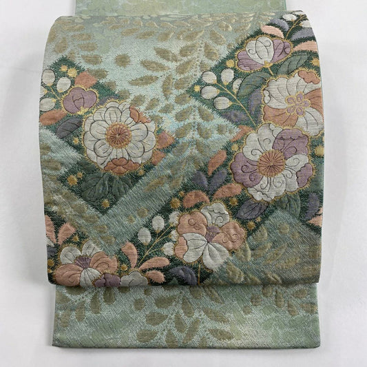 【庫存清倉】 【美品】 袋帶 名品級 辻花染圖案 金金箔 淺綠色 大鼓圖案 純蠶絲