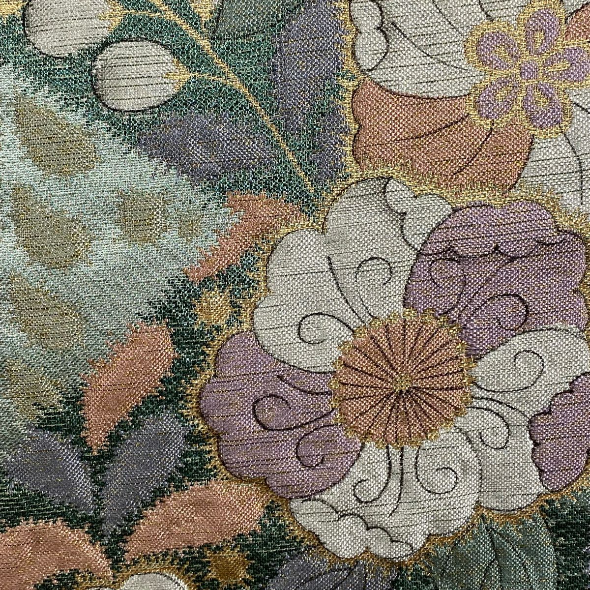 【庫存清倉】 【美品】 袋帶 名品級 辻花染圖案 金金箔 淺綠色 大鼓圖案 純蠶絲