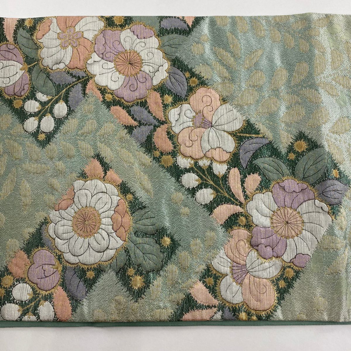 【庫存清倉】 【美品】 袋帶 名品級 辻花染圖案 金金箔 淺綠色 大鼓圖案 純蠶絲
