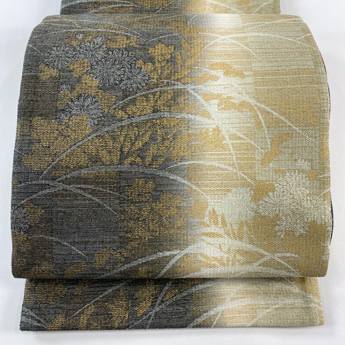 【庫存清倉】 【美品】 袋帶 名品級 菊花 芝 金銀彩 灰色 全通 純蠶絲