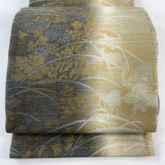 【庫存清倉】 【美品】 袋帶 名品級 菊花 芝 金銀彩 灰色 全通 純蠶絲