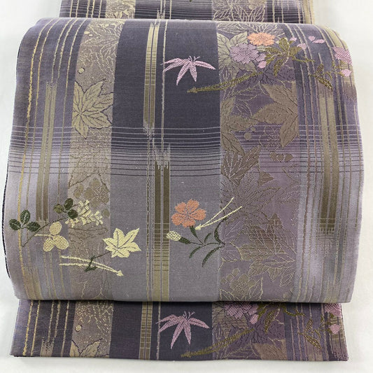 【清倉特賣】 【美品】 袋帶 名品級 樱花 枝梅花 金金箔 淺紫 全通 純蠶絲