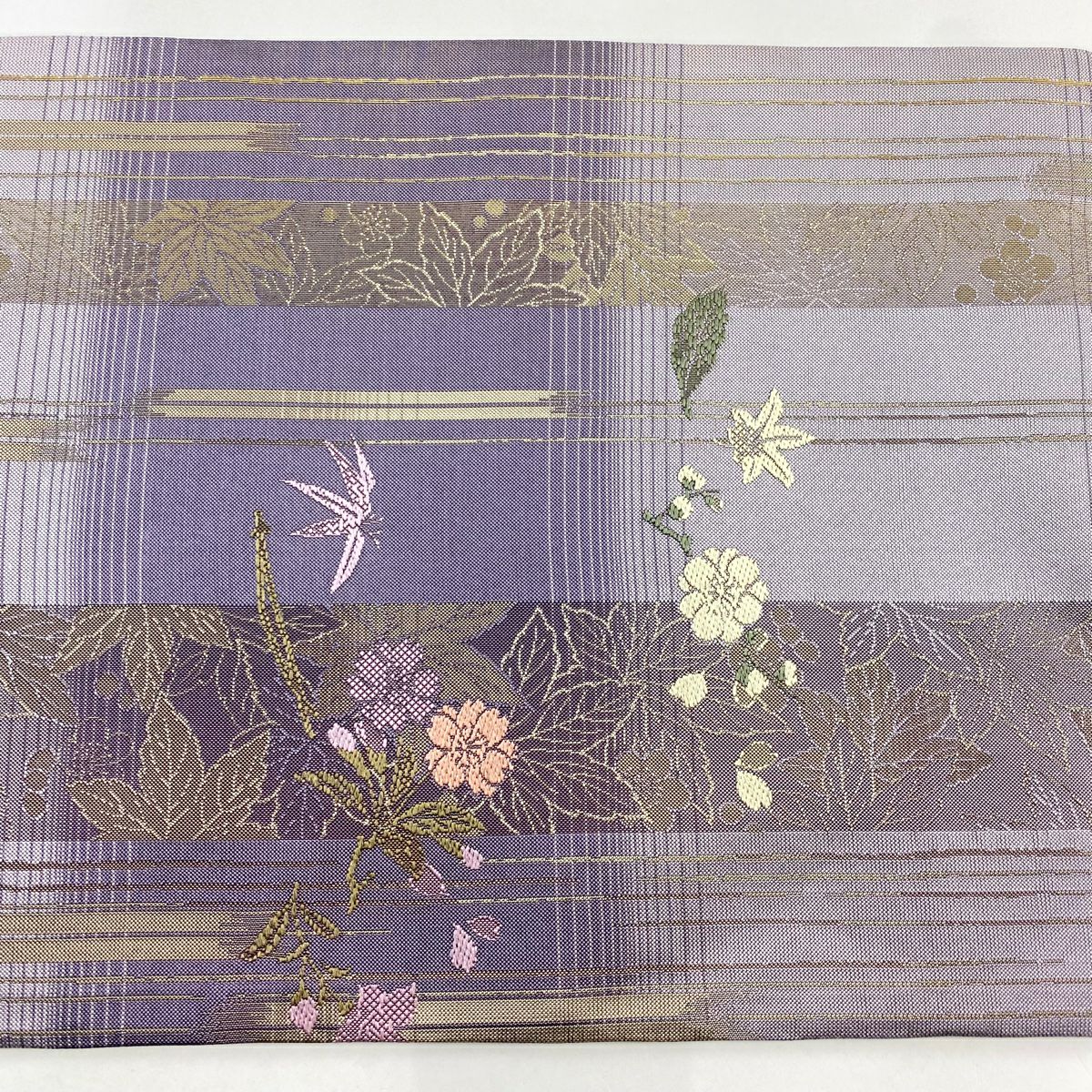 【清倉特賣】 【美品】 袋帶 名品級 樱花 枝梅花 金金箔 淺紫 全通 純蠶絲