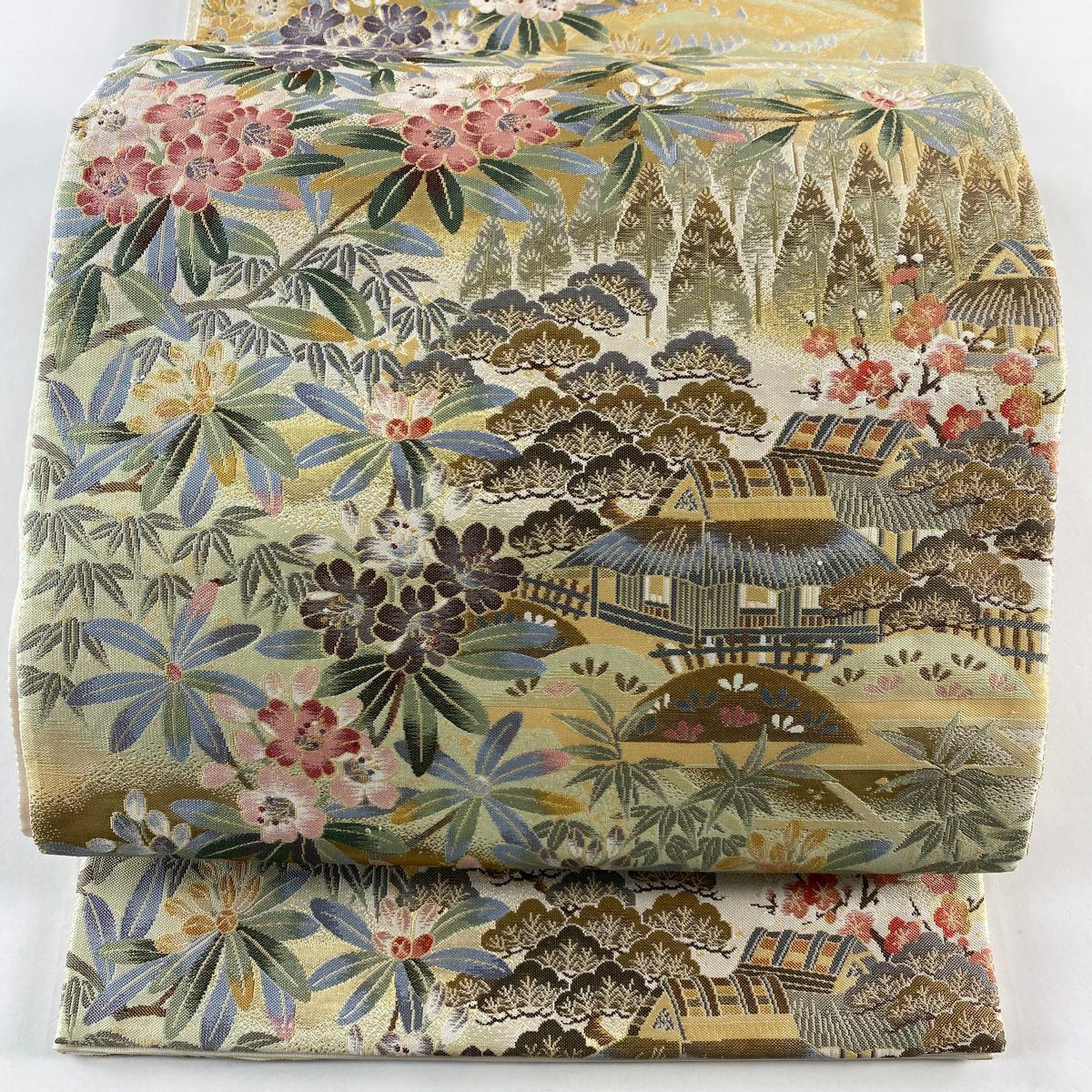 【清倉特賣】 【美品】 袋帶 名品級 紬織織 松樹竹子梅花 家屋 金金箔 淺橙色 六通 純蠶絲