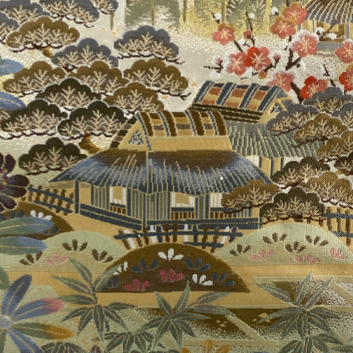 【清倉特賣】 【美品】 袋帶 名品級 紬織織 松樹竹子梅花 家屋 金金箔 淺橙色 六通 純蠶絲