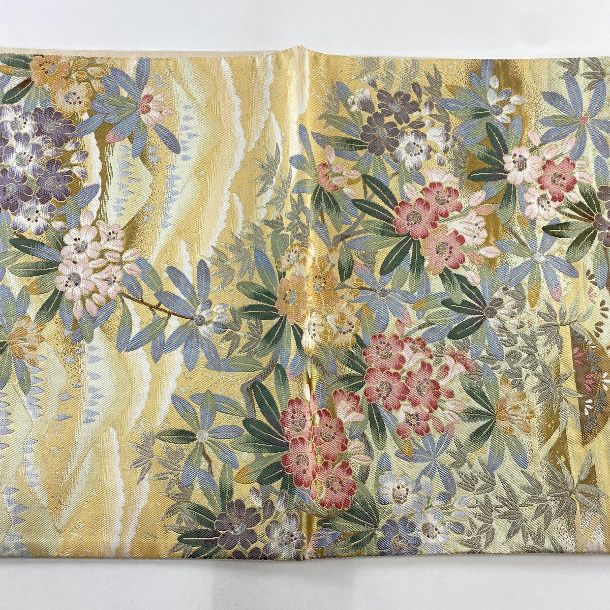 【清倉特賣】 【美品】 袋帶 名品級 紬織織 松樹竹子梅花 家屋 金金箔 淺橙色 六通 純蠶絲