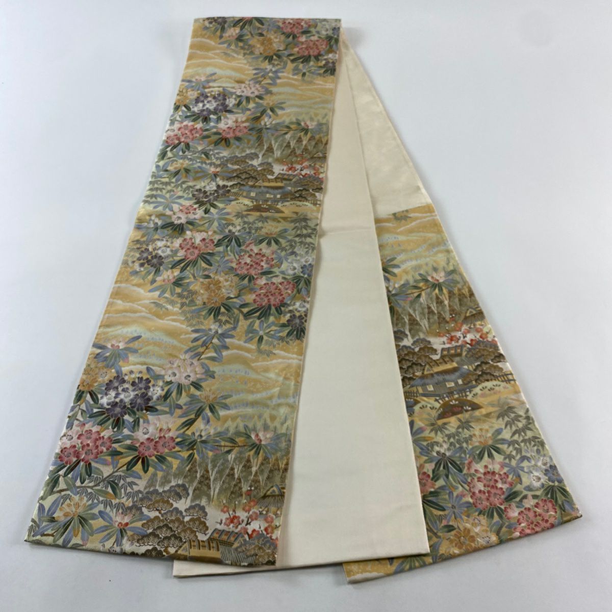 【清倉特賣】 【美品】 袋帶 名品級 紬織織 松樹竹子梅花 家屋 金金箔 淺橙色 六通 純蠶絲