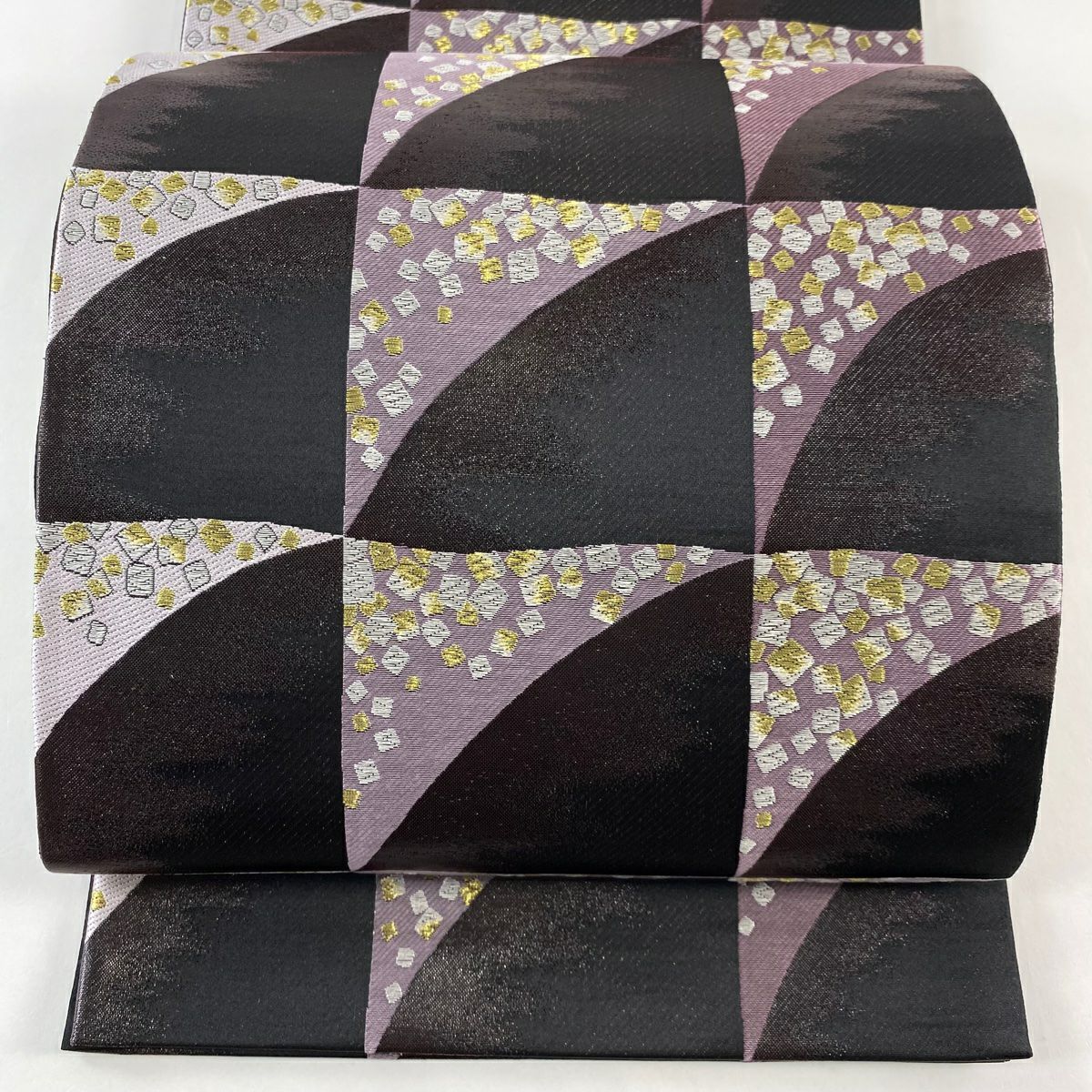 【庫存清倉】 【美品】 袋帶 名品級 市松樹 金金箔散佈 金銀絲 黑 六通 純蠶絲