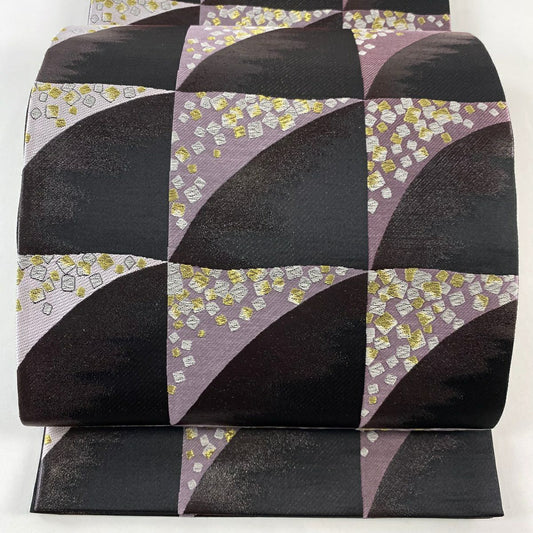 【庫存清倉】 【美品】 袋帶 名品級 市松樹 金金箔散佈 金銀絲 黑 六通 純蠶絲