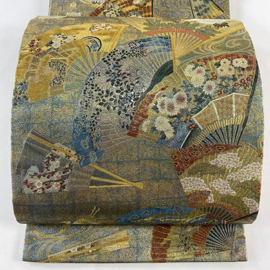 【庫存清倉】 【美品】 袋帶 名品級 附落款 徳川美術館秘藏 扇子 流水 金金箔 金色 大鼓圖案 純蠶絲